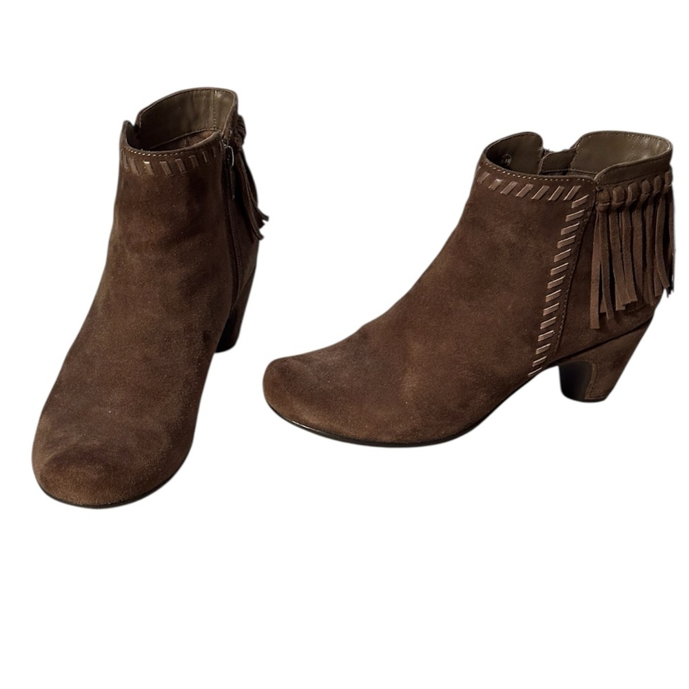 Brown Suede Ankle Earthies Boots with Fringe and Side Zipper with 2.5” Heel